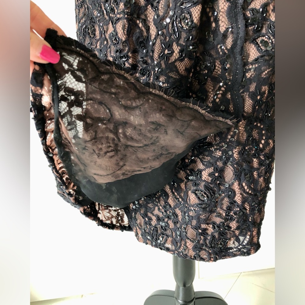 VTG 90s Neiman Marcus, sheer black lace Overlay beads sequins by Emanuel Ungaro